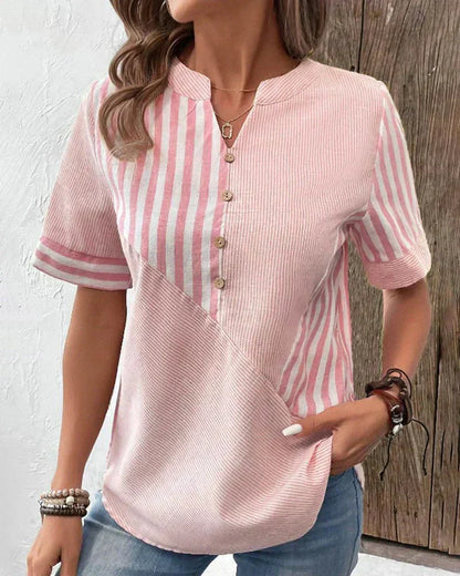 Women's Striped Short Sleeve Henley Blouse - VibreMode