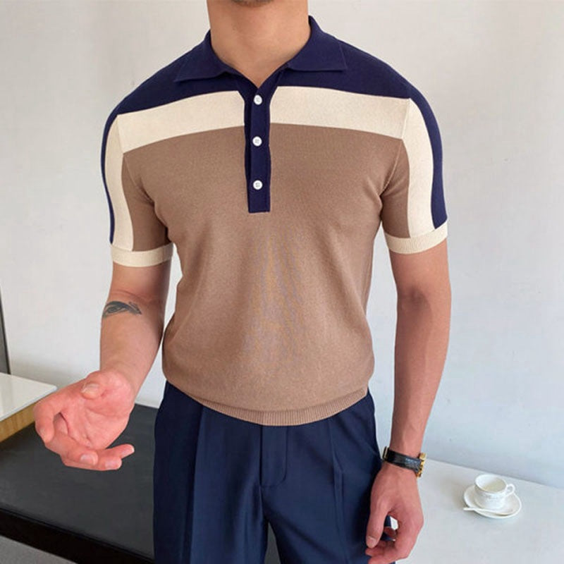 Men's Short Sleeve Polo Shirt Color Block Cotton