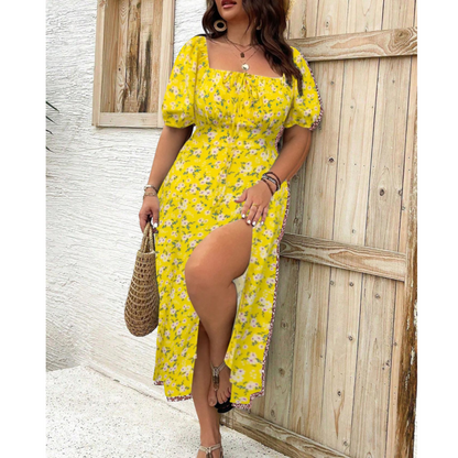 Women's Puff Sleeve Dress Square Neck Slit