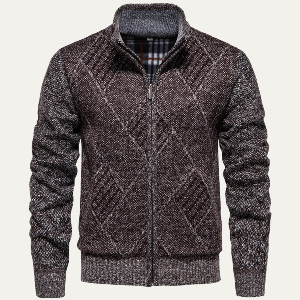 Men's Knit Fleece Cardigan Diamond Pattern Zip Front - VibreMode
