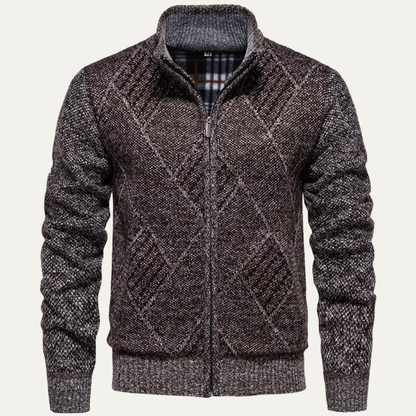 Men's Knit Fleece Cardigan Diamond Pattern Zip Front - VibreMode