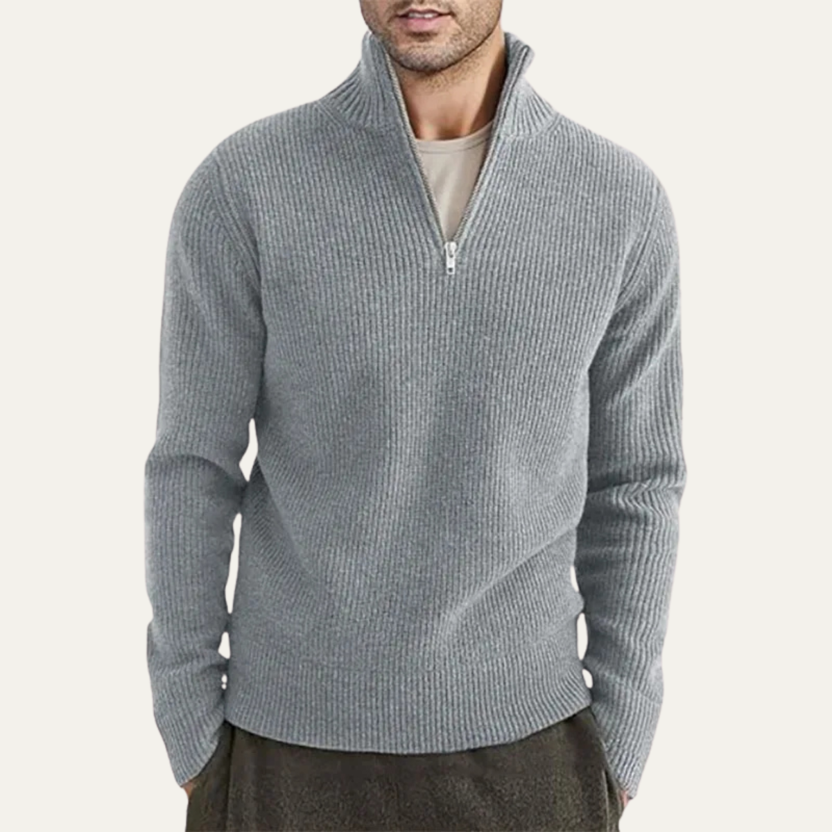 Men's Ribbed Mock Neck Sweater Warm Knit Half Zip