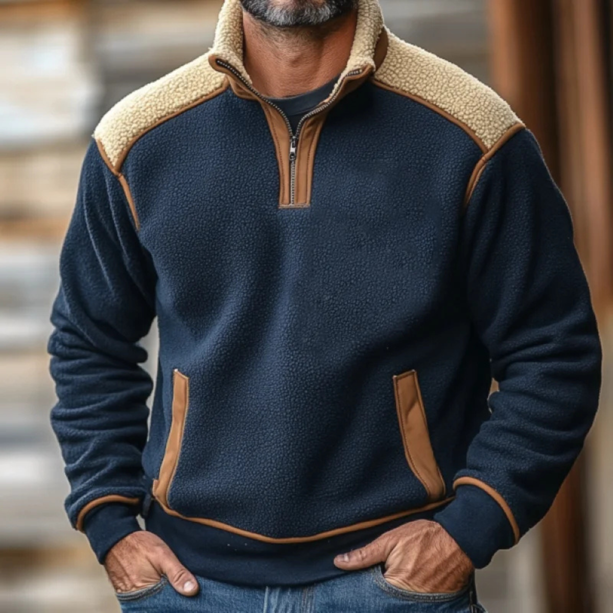 Men's Sherpa Fleece Half Zip Sweater Warm Color Block