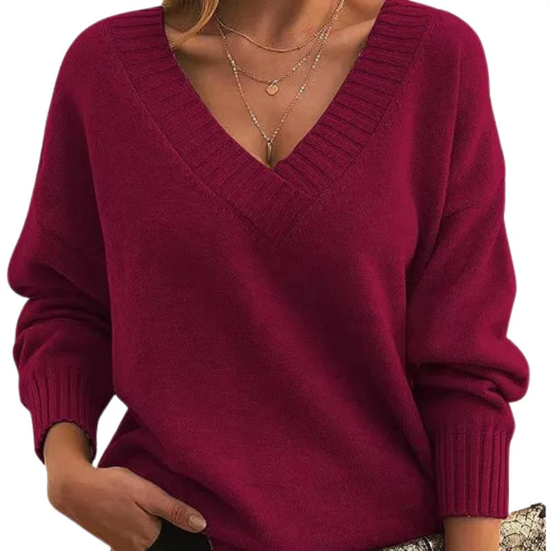 Women's Textured Knit Sweater Relaxed Fit V-Neck