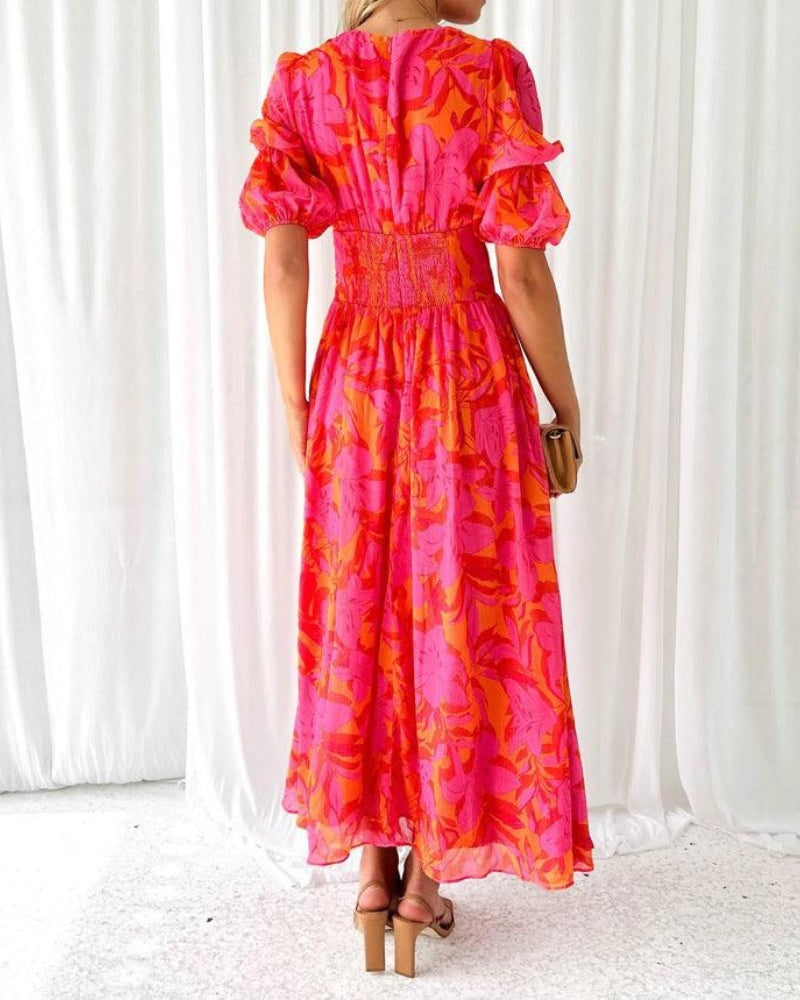 Women's Maxi Dress V-Neck Abstract Print Puff Sleeves