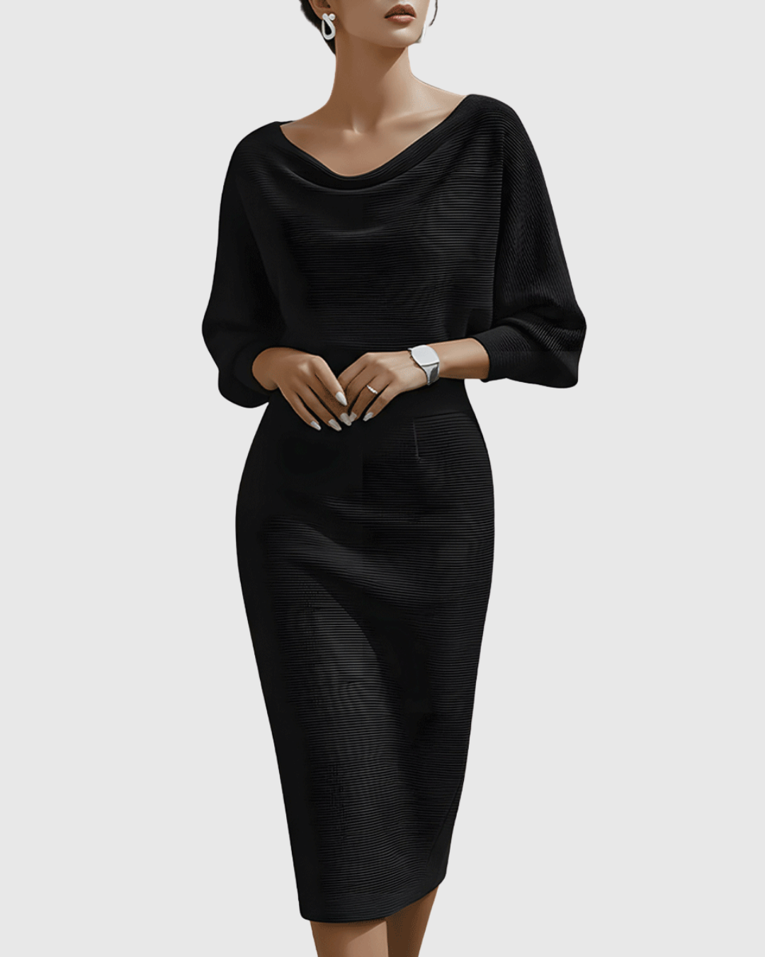 Women's Ribbed Cowl Neck Long Sleeve Midi Dress - VibreMode