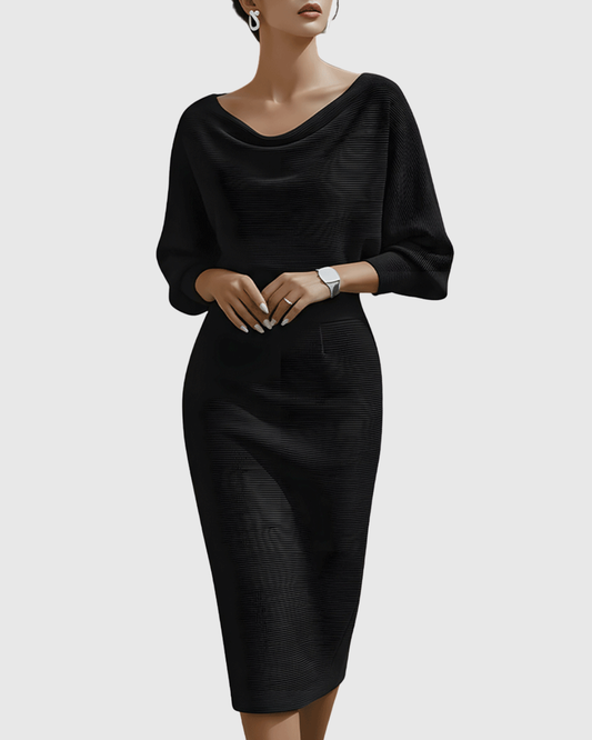 Women's Ribbed Cowl Neck Long Sleeve Midi Dress - VibreMode