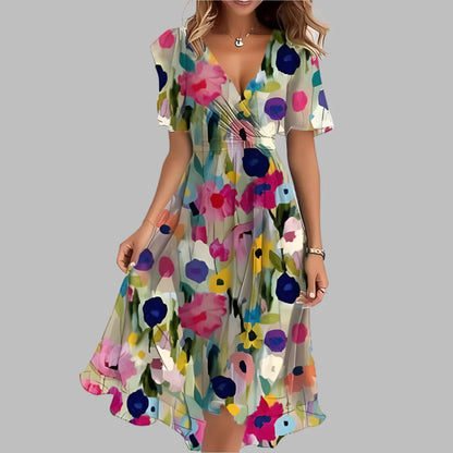 Women's Floral Midi Dress Ruched Waist