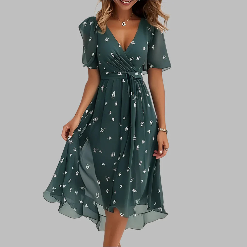 Women's Floral Midi Dress Ruched Waist