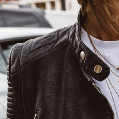 Women's Leather Biker Jacket Zip Ribbed Sleeves Black