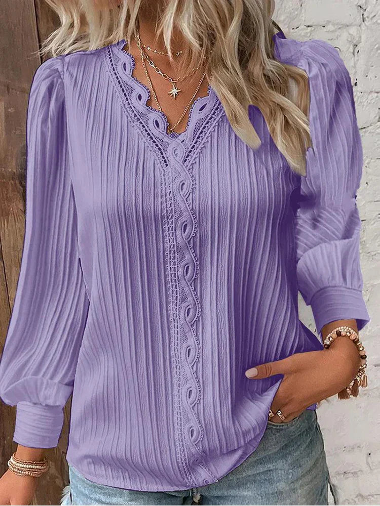 Women's Pleated V Neck Blouse Long Sleeve