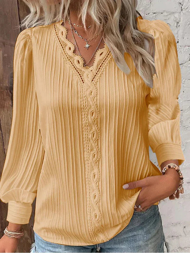 Women's Pleated V Neck Blouse Long Sleeve