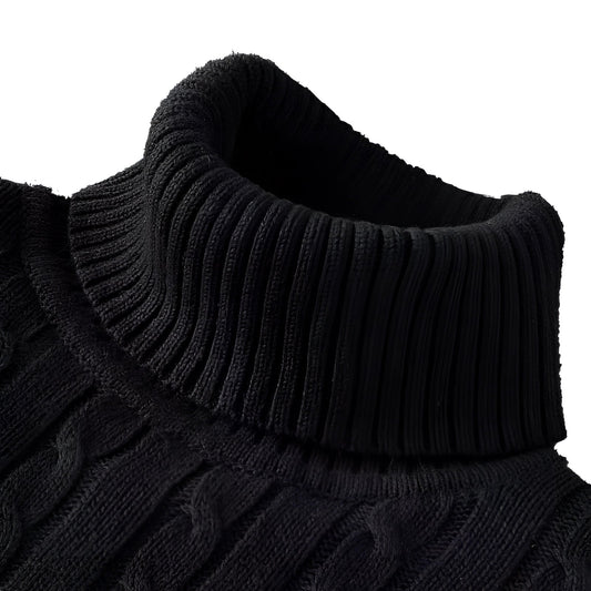 Women's Wool Turtleneck Sweater Black Cable Knit - VibreMode