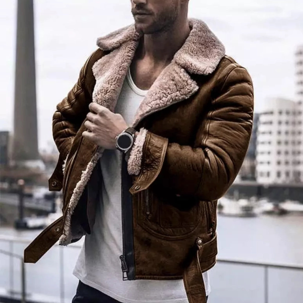 Men's Leather Jacket Shearling Collar Black