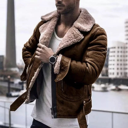 Men's Leather Jacket Shearling Collar Black