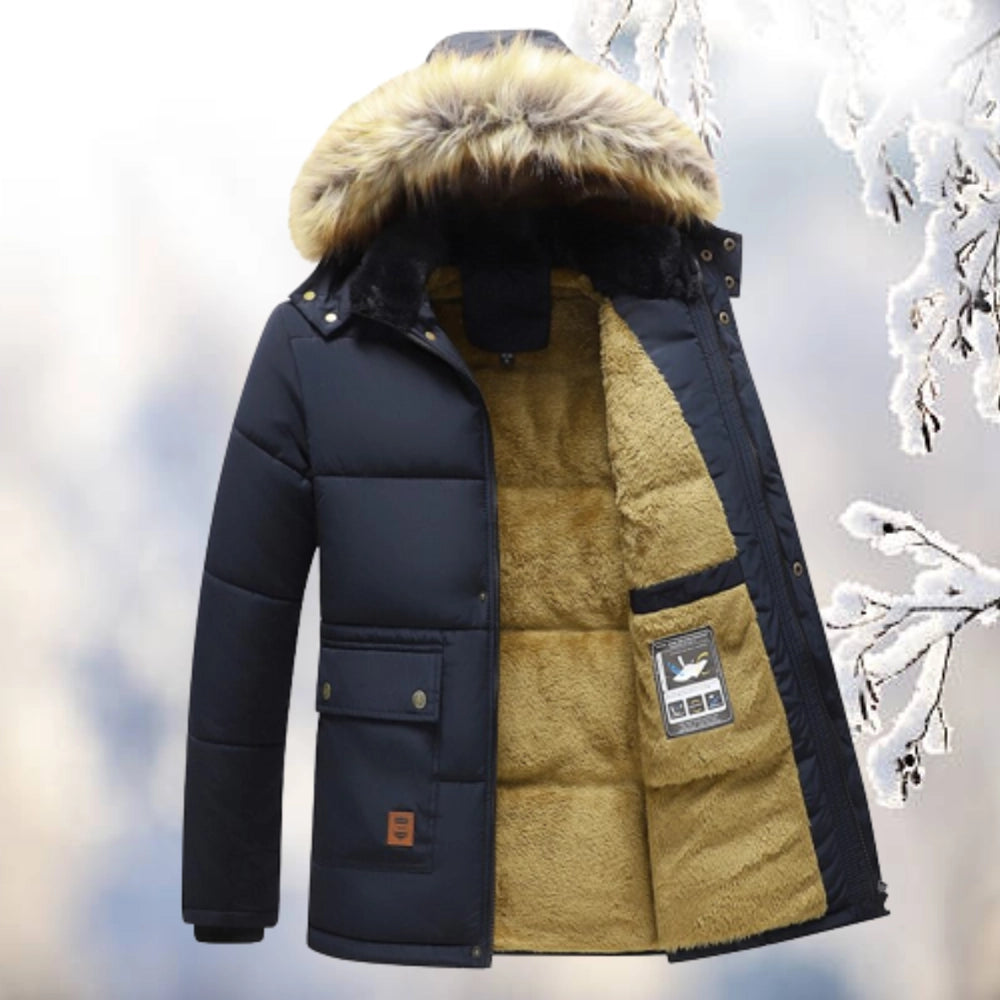 Men's Insulated Quilted Navy Parka Jacket Fur Hood - VibreMode