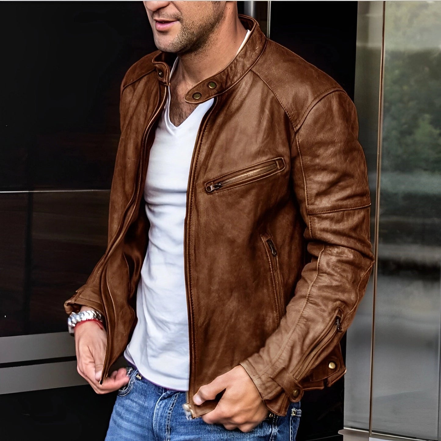 Men's Slim Fit Leather Motorcycle Jacket Black/Brown Zipper