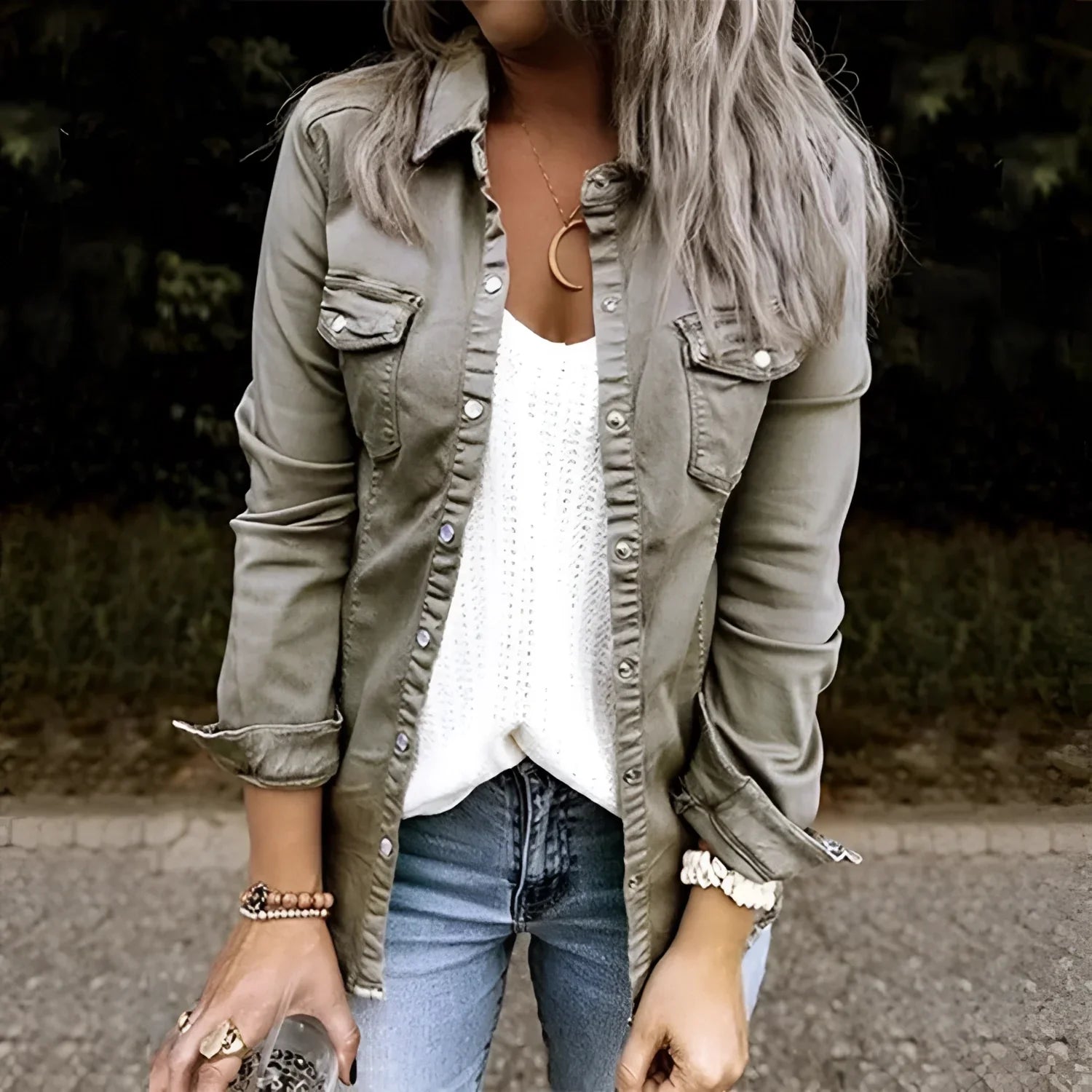 Women's Slim Fit Utility Jacket Olive Green Cotton Casual - VibreMode