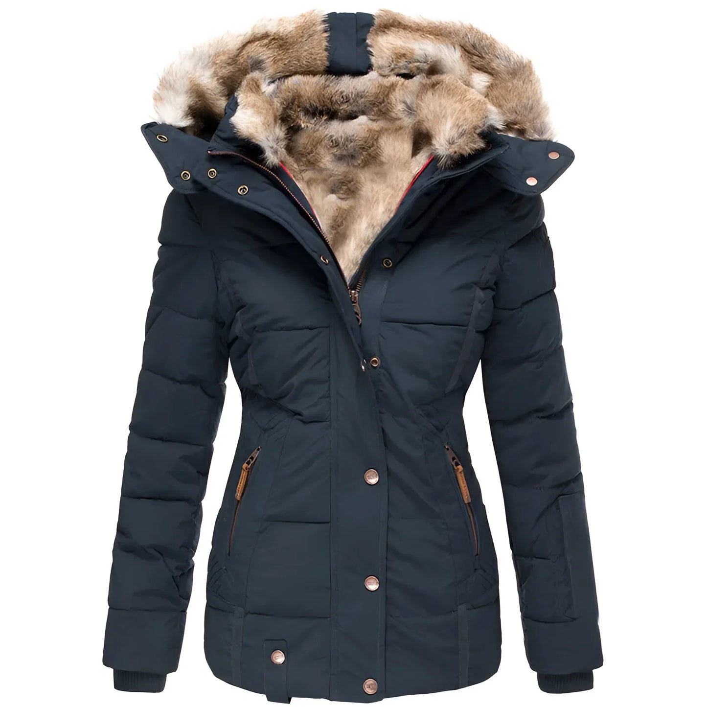 Women's Black Puffer Jacket Faux Fur Collar Insulated