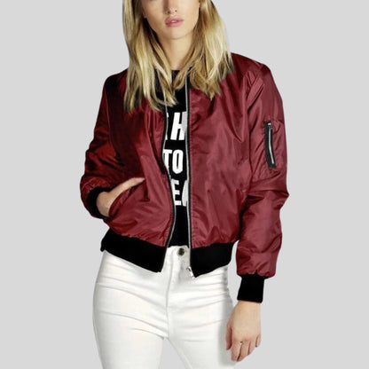 Women's Black Satin Bomber Jacket Lightweight Zip-Up