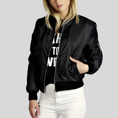 Women's Black Satin Bomber Jacket Lightweight Zip-Up - VibreMode