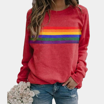 Women's Long Sleeve Crew Neck Sweatshirt Blue Rainbow Stripe Cotton