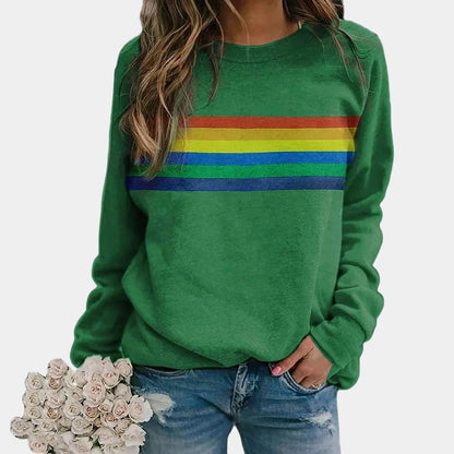 Women's Long Sleeve Crew Neck Sweatshirt Blue Rainbow Stripe Cotton