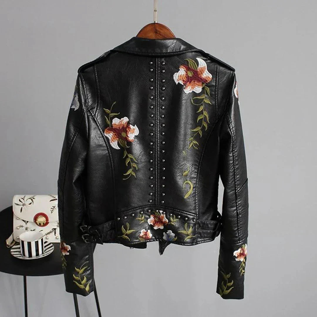 Women's Leather Bomber Jacket Embroidered White