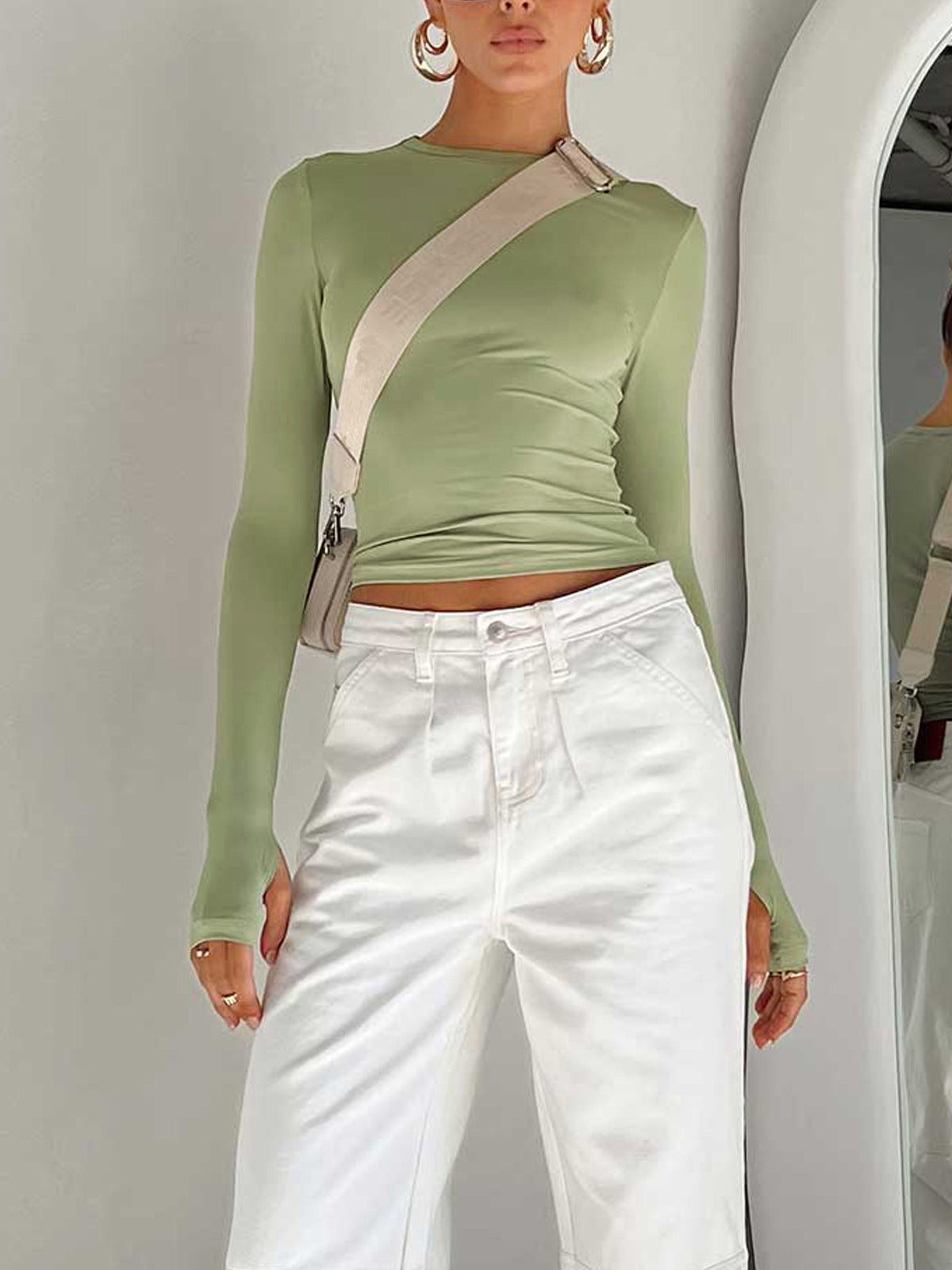 Women's Long Sleeve Crop Round Neck Cotton White