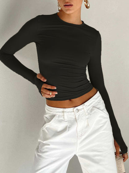 Women's Long Sleeve Crop Round Neck Cotton White