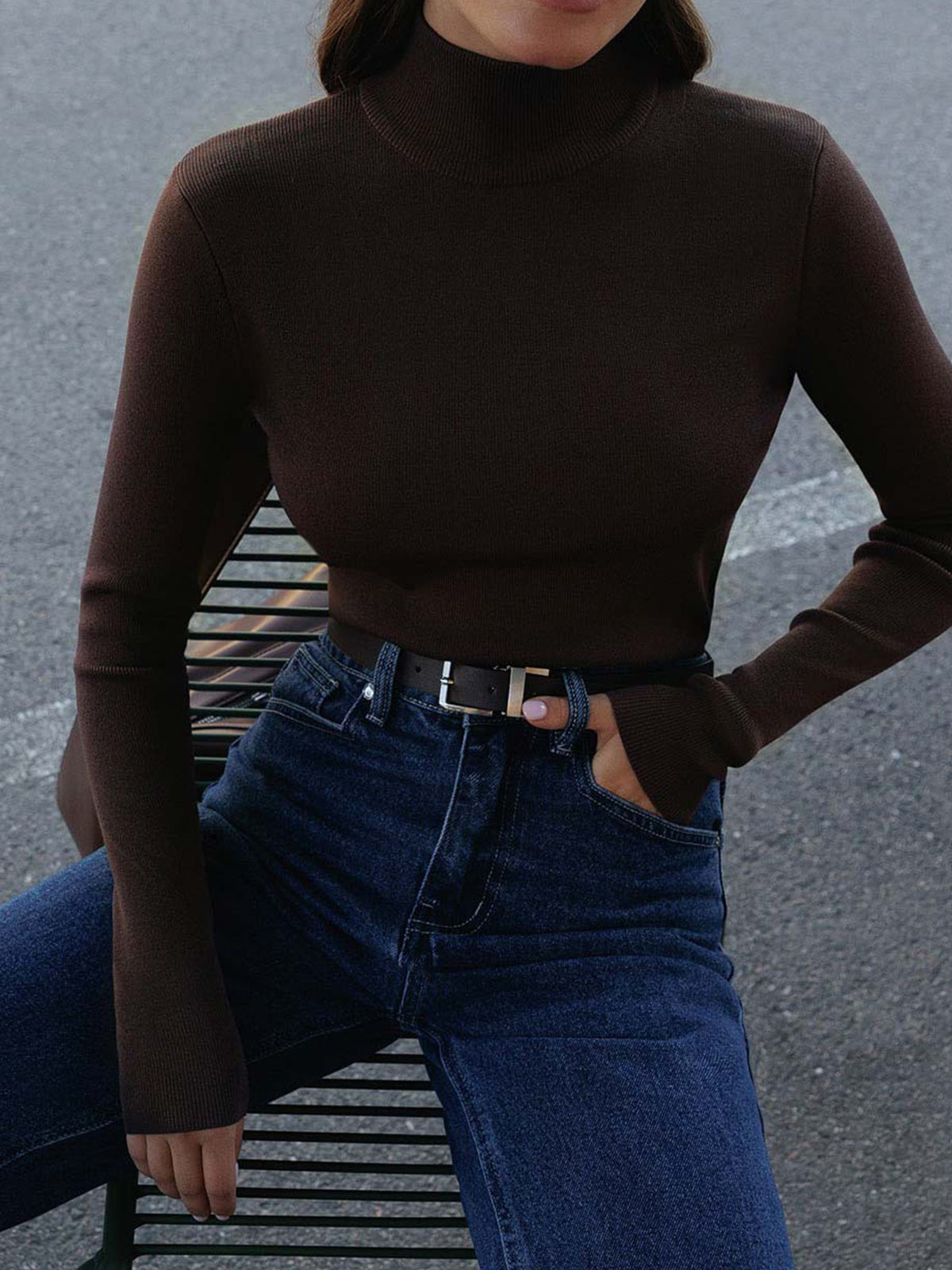 Women's Long Sleeve Turtleneck Sweater Ribbed Knit