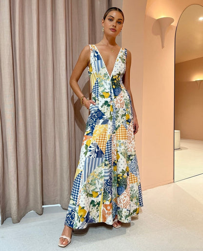 Stylish Floral V-Neck Long Maxi Dress Boho Chic