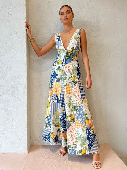 Stylish Floral V-Neck Long Maxi Dress Boho Chic - VibreMode