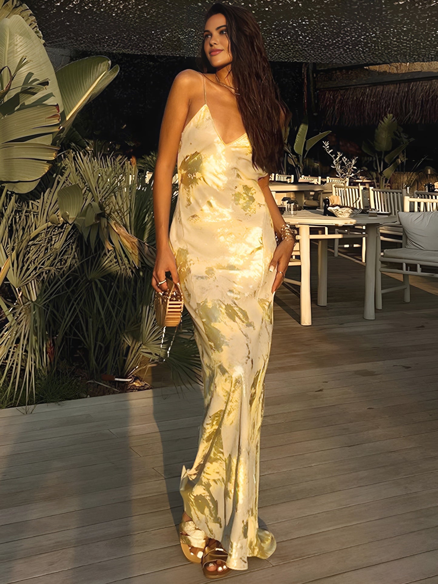 Women's V-Neck Halter Maxi Dress Metallic Print - VibreMode