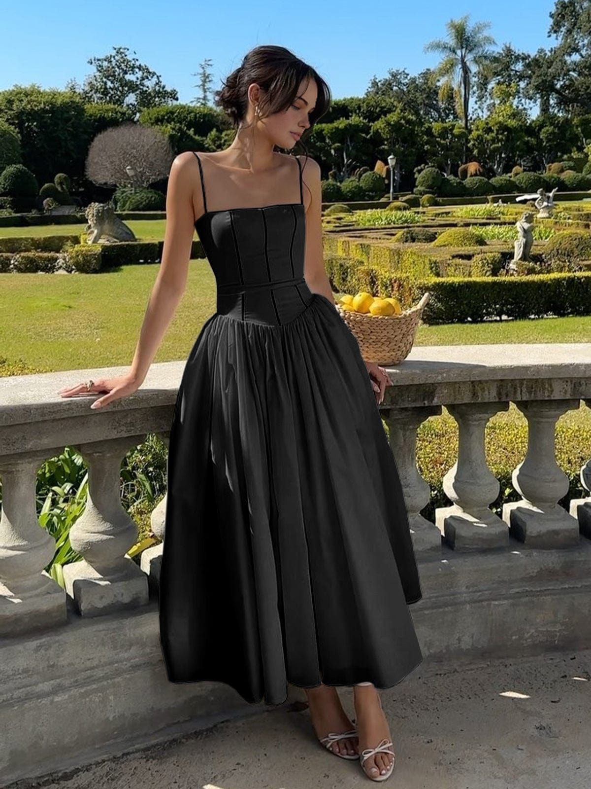 Women's Midi Dress Spaghetti Strap Corset Detail Square Neck Full