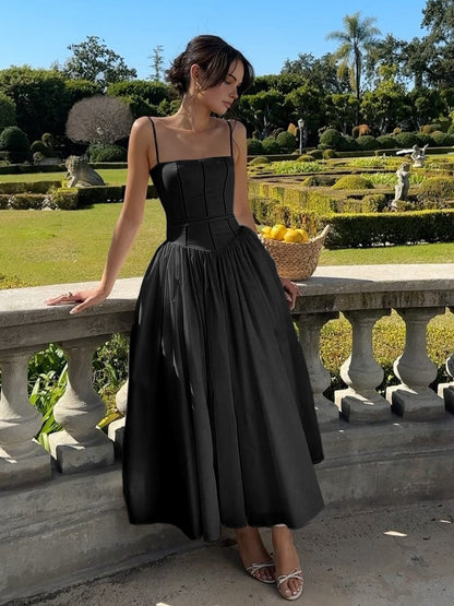 Women's Midi Dress Spaghetti Strap Corset Detail Square Neck Full