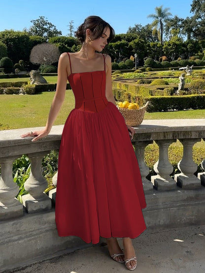 Women's Midi Dress Spaghetti Strap Corset Detail Square Neck Full