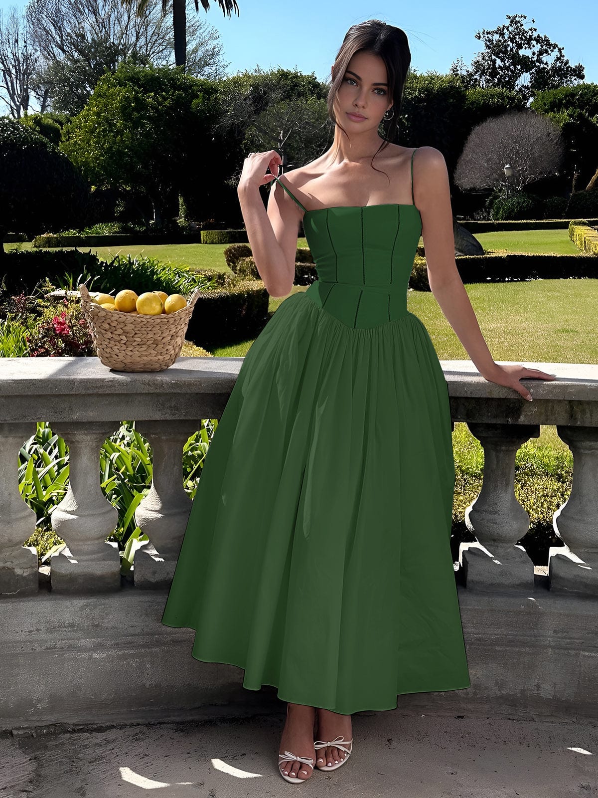 Women's Midi Dress Spaghetti Strap Corset Detail Square Neck Full