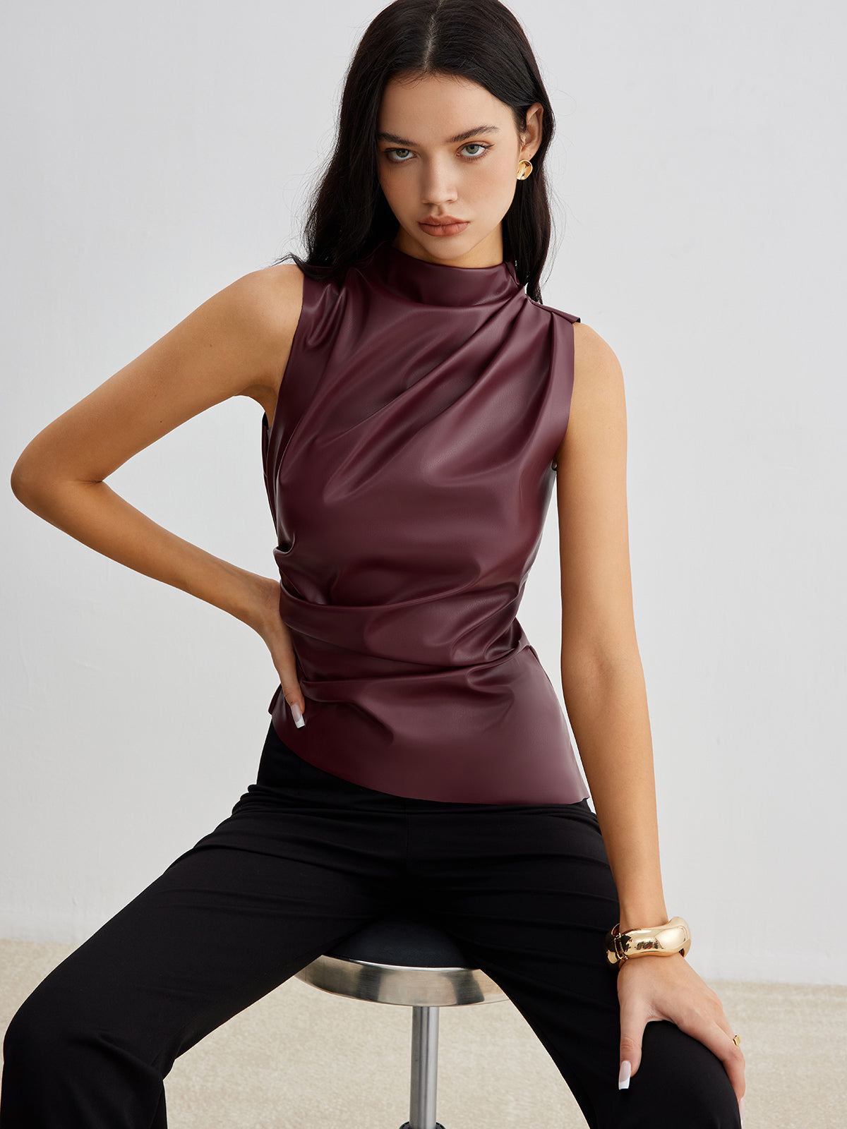 Women's Sleeveless High Neck Draped Design Gathered Waist - VibreMode
