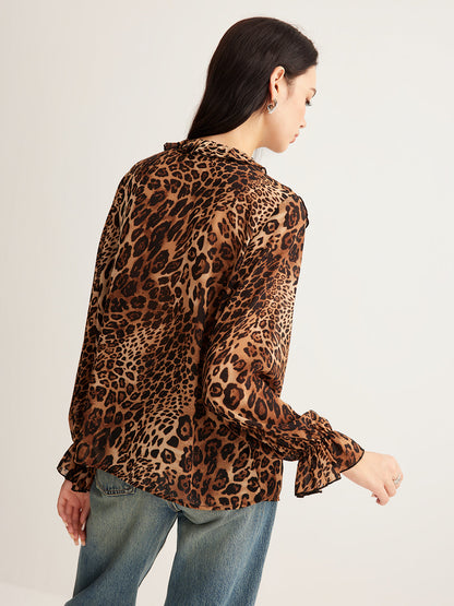 Women's Leopard Blouse Long Sleeve V-Neck Ruffle Trim