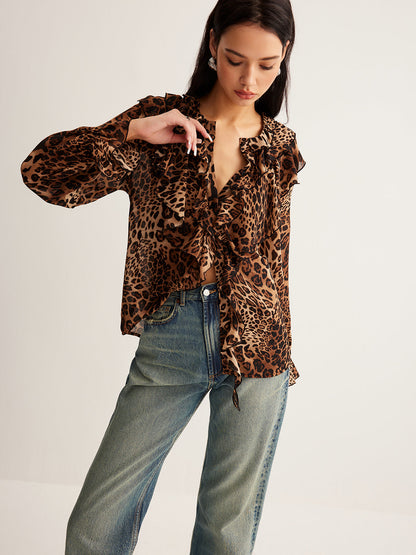 Women's Leopard Blouse Long Sleeve V-Neck Ruffle Trim