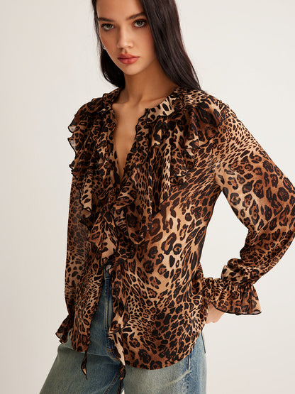 Women's Leopard Blouse Long Sleeve V-Neck Ruffle Trim