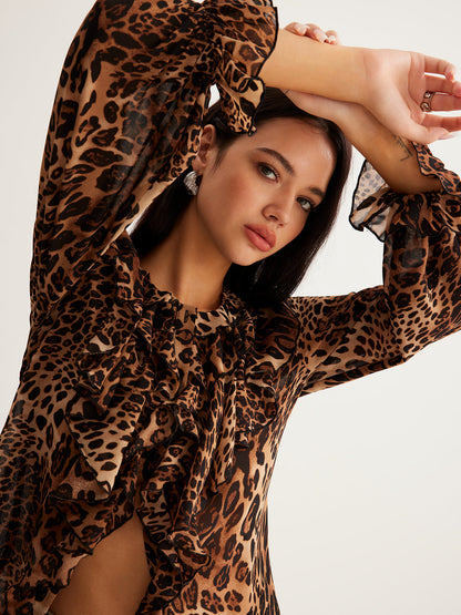 Women's Leopard Blouse Long Sleeve V-Neck Ruffle Trim
