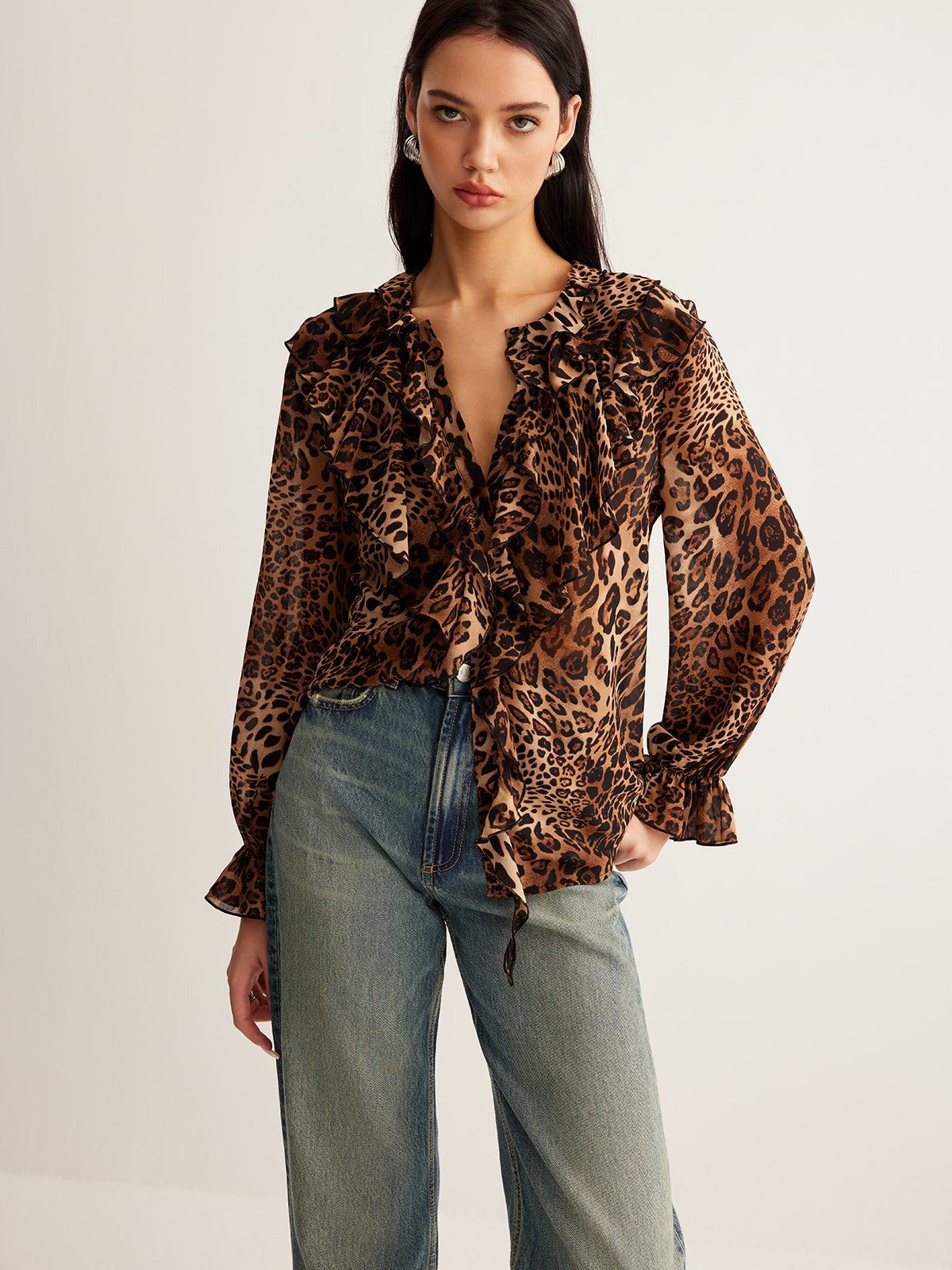 Women's Leopard Blouse Long Sleeve V-Neck Ruffle Trim