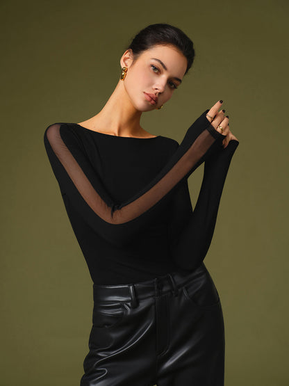 Women's Long Sleeve Round Neck Mesh Panels