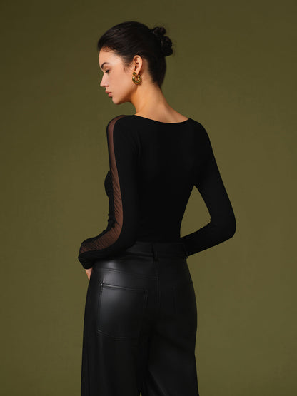Women's Long Sleeve Round Neck Mesh Panels