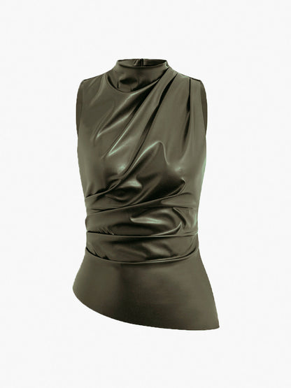 Women's Sleeveless High Neck Draped Design Gathered Waist