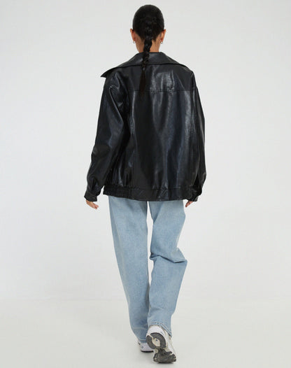 Women's Leather Zip-Up Jacket High Collar Relaxed Fit Black
