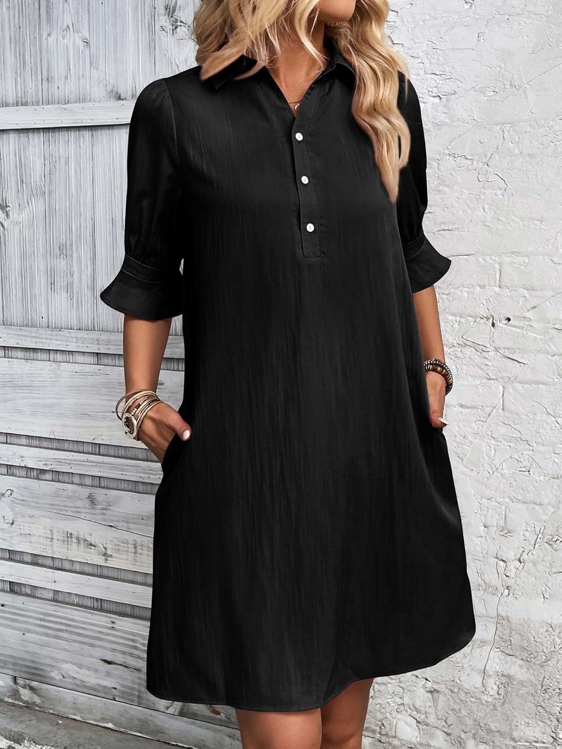 Women's Button Down Shirt Dress 3/4 Sleeve Knee Length - VibreMode