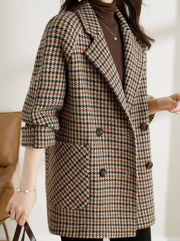 Women's Checked Wool Coat Comfortable Fit